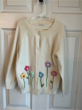 Girls' Cream Knit Cardigan with Crocheted Flower Appliqués